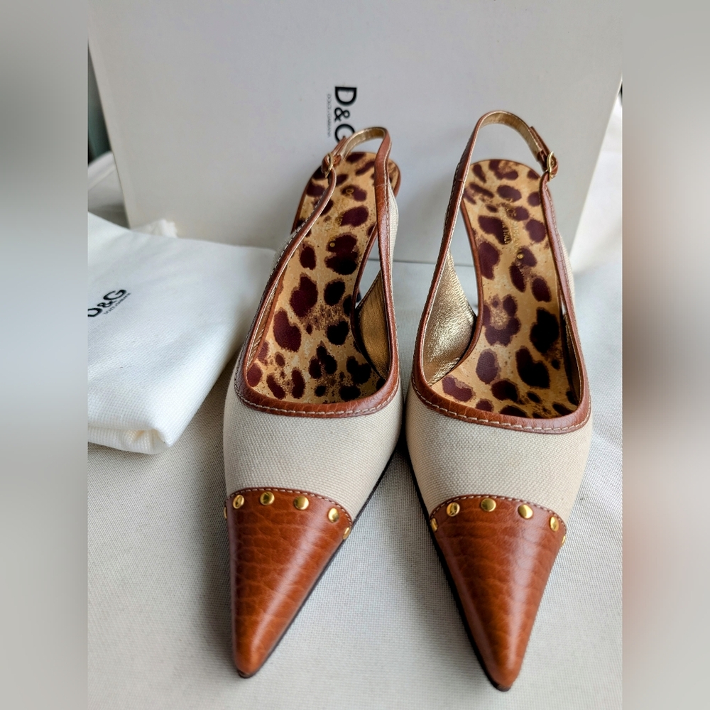 Brand New Dolce & Gabbana Logo Heels | Canvas & Leather Pointed Toe Pumps
